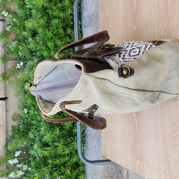 Myra Leather Canvas Woven Khaki Green Brown Boho Tapestry Shoulder Tote Bag. - Picture 2 of 12